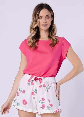 Női pizsama 1724 Valencia Leveza rubin - Kiváló minőségű pamut pizsama rövid ujjú, mintás rövidnadrággal, szatén masnival és díszítő fodorral