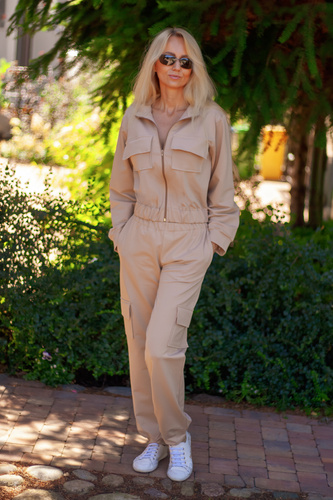 Mili Mirale női tréningruha pamutból, kényelmes szett zsebekkel - lengyel gyártmány - bézs színű