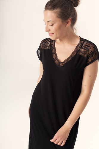 Hálóing Petra KB59 Mefemi Nipplex fekete - viszkóz, csipke, rövid ujjú, térd előtt, rövid ujjú, térd alá érő