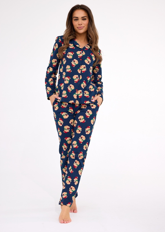 482/459 Teddy 5 Cornette női pizsama - ünnepi, pamut, tengerészkék, gombos, gombos