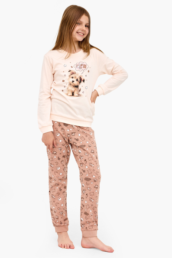 592/193 Sweet Dog Cornette - lány pizsama, ekrü, 100% pamut, kutyusos