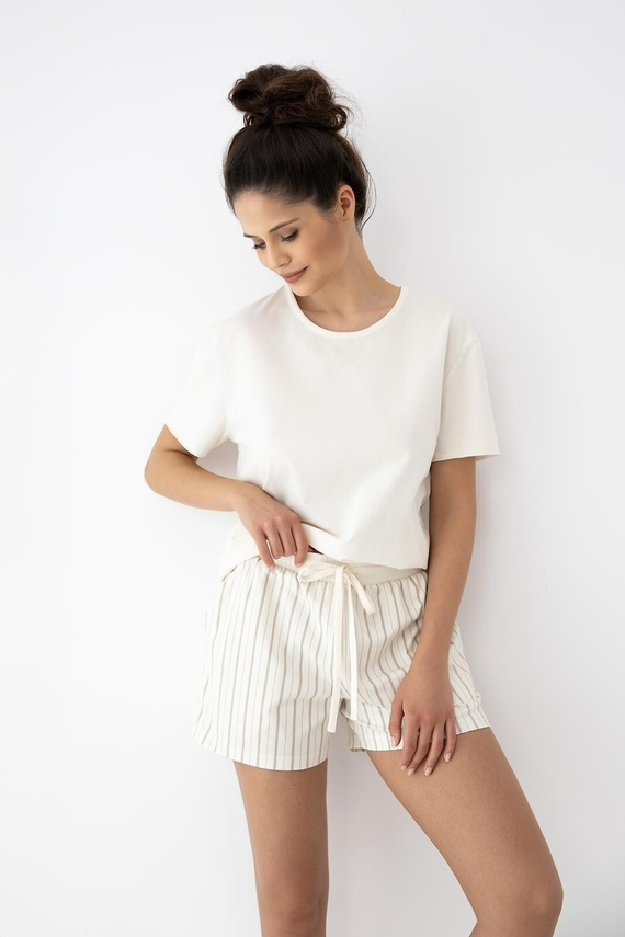 Jemma Sensis női pizsama ecru/bézs, pamut, rövid ujjú, csíkos