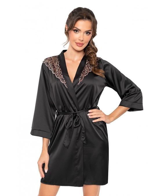 Sabrina Donna fekete fürdőköpeny - szatén neglizsé csipkével, derékban megkötve