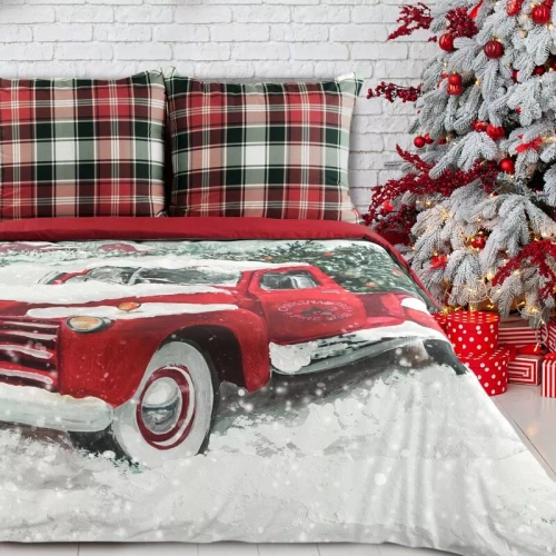 Vinti Eurofirany karácsonyi ágynemű - piros kockás, autó motívummal, 100% pamut
