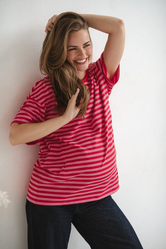 Mamahood Terhesség és szoptatás Milk&Love piros-rózsaszín csíkos póló - kényelmes és elegáns