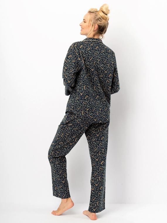 Női pizsama Key LNS 706 tengerészkék - pamut flanel, hosszú ujjú, gombok, gombok