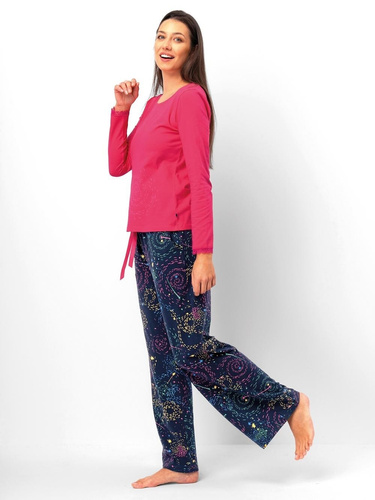 Női pizsama Key LNS 750 málna - pamut, hosszú ujjú, kényelmes, kényelmes