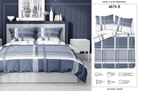 4674 B Home Satin Pościel satynowa krata Detexpol niebieski