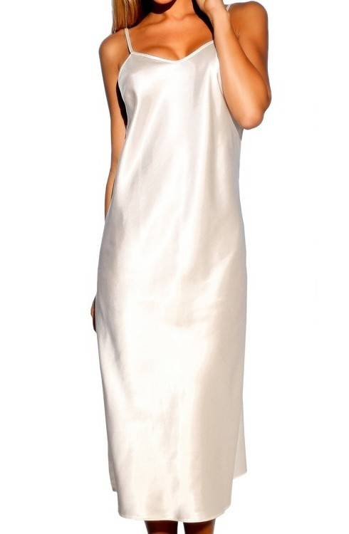 Argentina Kalimo - női pánt nélküli szatén szlip, elegáns midi hálóing, ekrü színű