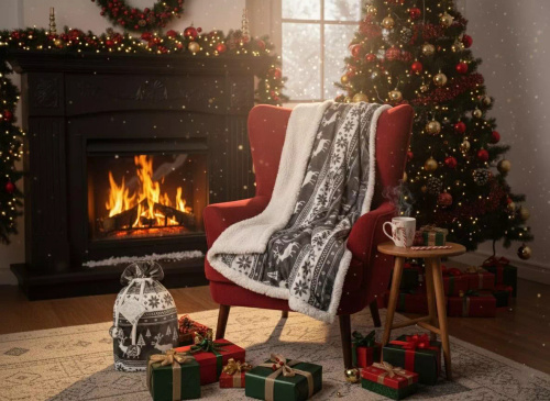 SACO karácsonyi takaró hamu - puha és meleg rénszarvasokkal és karácsonyfákkal díszes zsákban