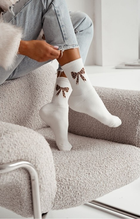 0118-014 Női frottír zokni Milena ekrü - pamut, masnival, meleg
