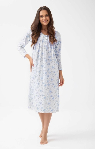 338 Luna hálóing kék - virágmintás pamut, hosszú, gombokkal