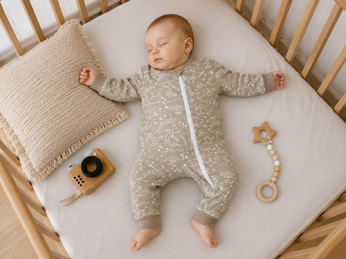 Mamatti PS16541 bébi overál cipzárral, pamut, dinók mintával, bézs