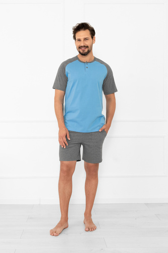 Férfi pizsama Alexander Italian Fashion - rövid ujjú és rövidnadrág, 100% pamut - kék/szürke
