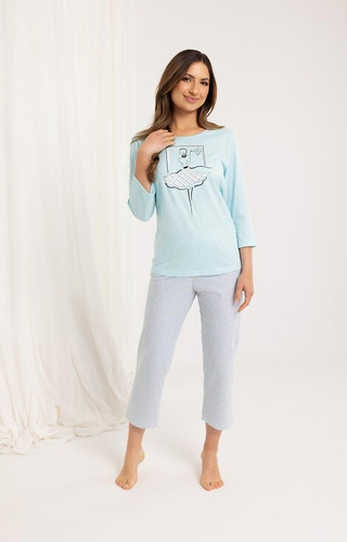 716 Női pizsama Regina türkizkék - pamut, 3/4 ujjú, 7/8-as mintás nadrág