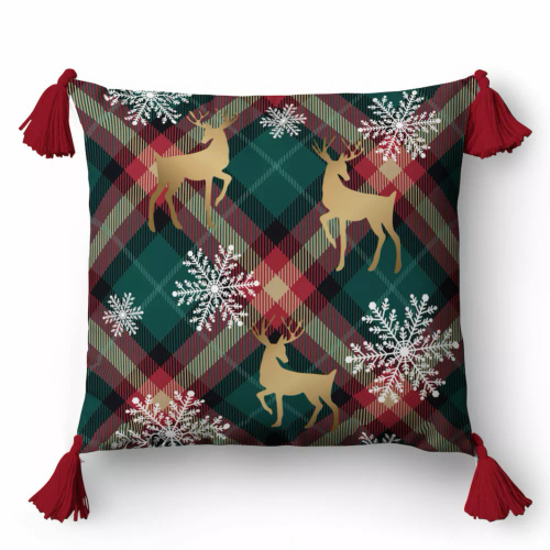 5381 Karácsonyi dekoratív párnahuzat karácsonyi dekoratív párnahuzat karácsonyi dekorációs rénszarvas és hópelyhek rácsos háttéren - cipzár
