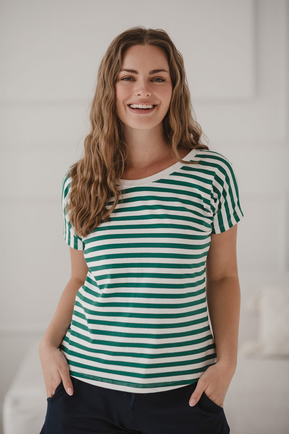 Two Ways Terhesség és szoptatás blúz | Rövid ujjú, kényelmes Milk&Love zöld és fehér csíkos, rövid ujjú