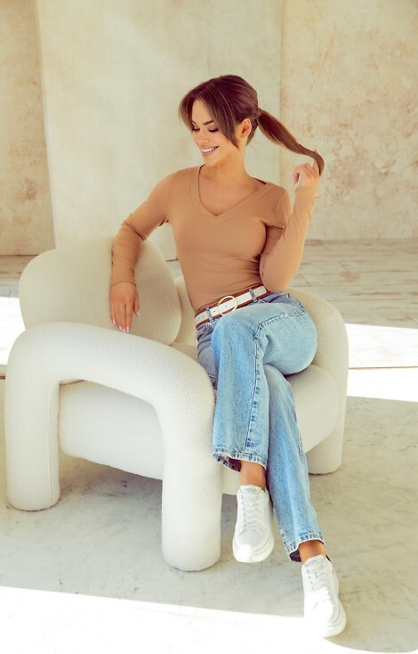 Eleonor Eldar Active bézs női blúz bordázott viszkózból, hosszú ujjú, hosszú ujjú