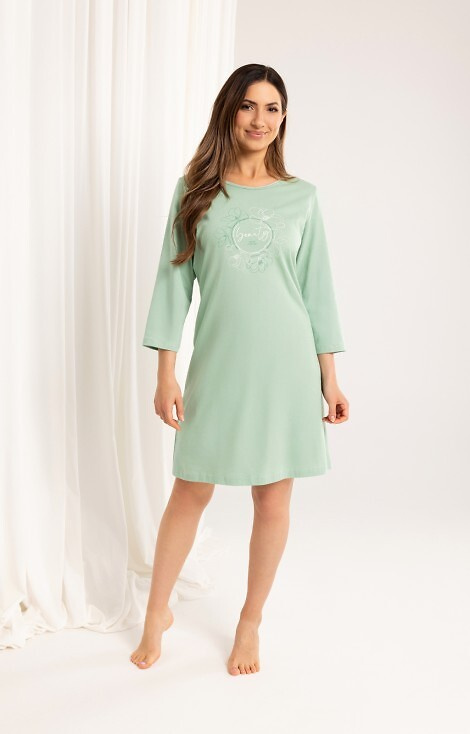 163 Pamut hálóing Regina zöld - 3/4 ujjú, nyomtatott, térd alá érő, 3/4 ujjú