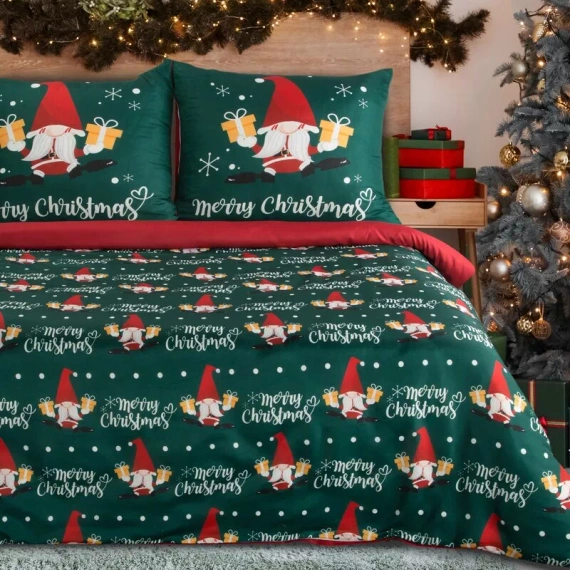 Galdor karácsonyi ágynemű Eurofirany mikroszálas zöld piros gnómok - puha, könnyű és könnyen ápolható, cipzárral zárható