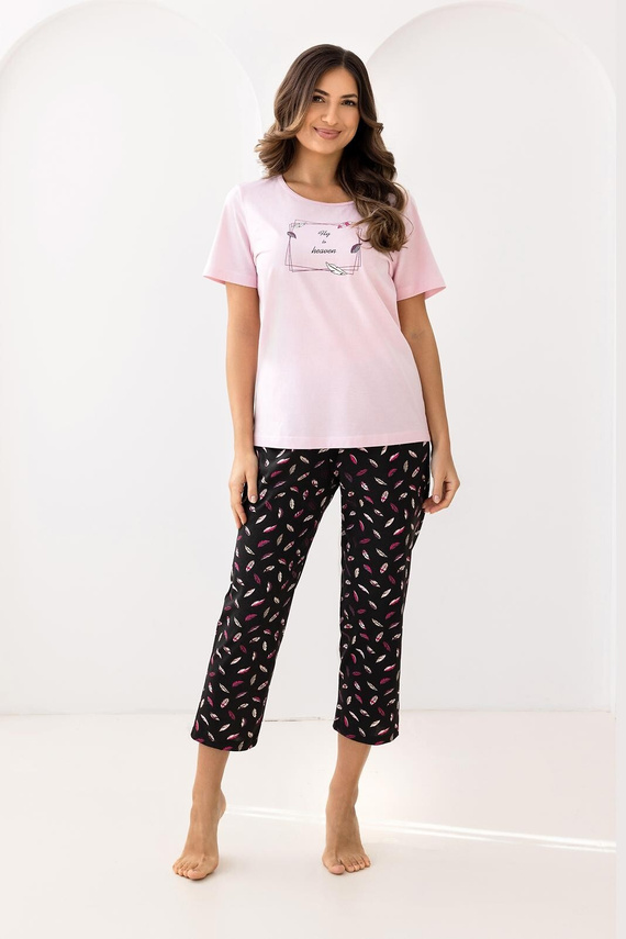 733 Regina rózsaszín pizsama - pamut, rövid ujjú, fél kerek nyakú, elöl nyomtatással