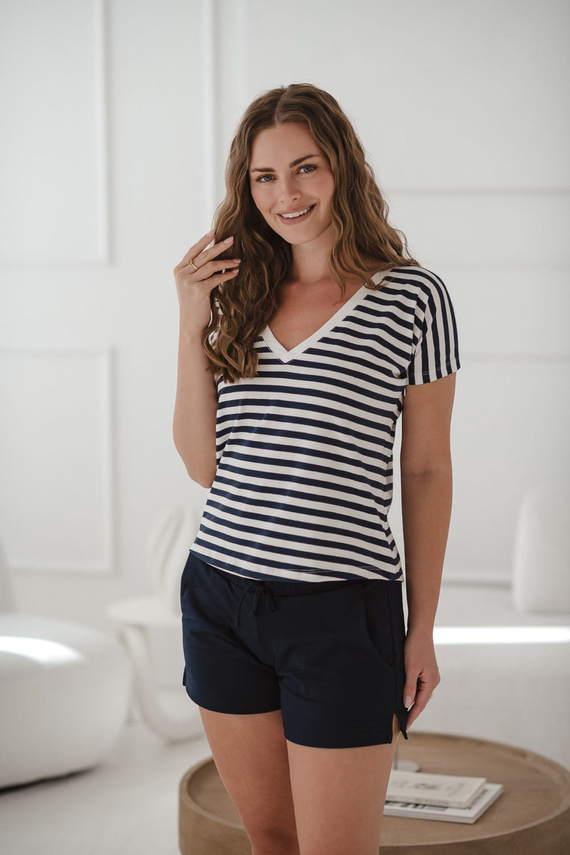 Two Ways Terhesség és szoptatás blúz | Rövidujjú, kényelmes Milk&Love sötétkék és fehér csíkos, rövid ujjú