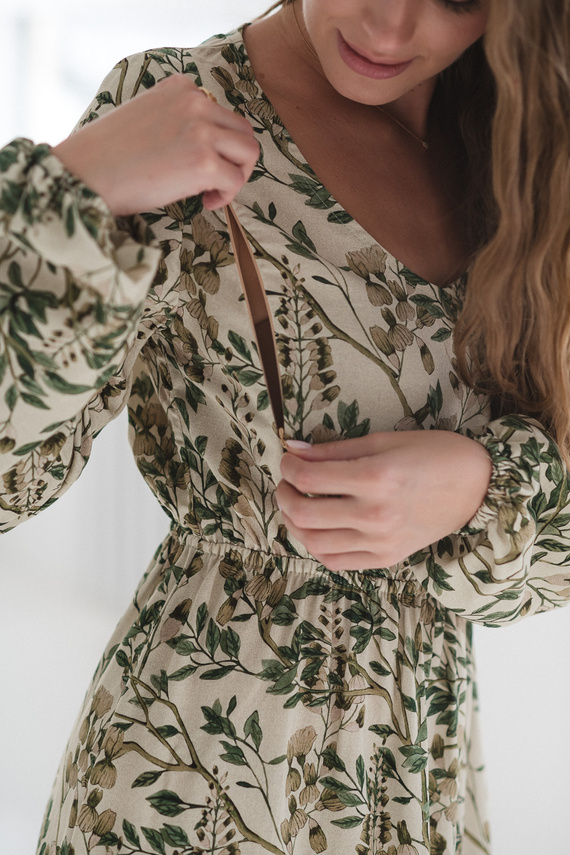 Lovely Dress Midi Milk&Love zöld virágokban - kismama és szoptatós ruha vászonból, elegáns szabás, szoptatós cipzárral