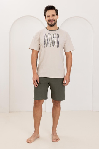 Férfi pizsama 500 Regina bézs - 100% pamut, rövid ujjú + rövidnadrág, könnyű és kényelmes nyári viselet