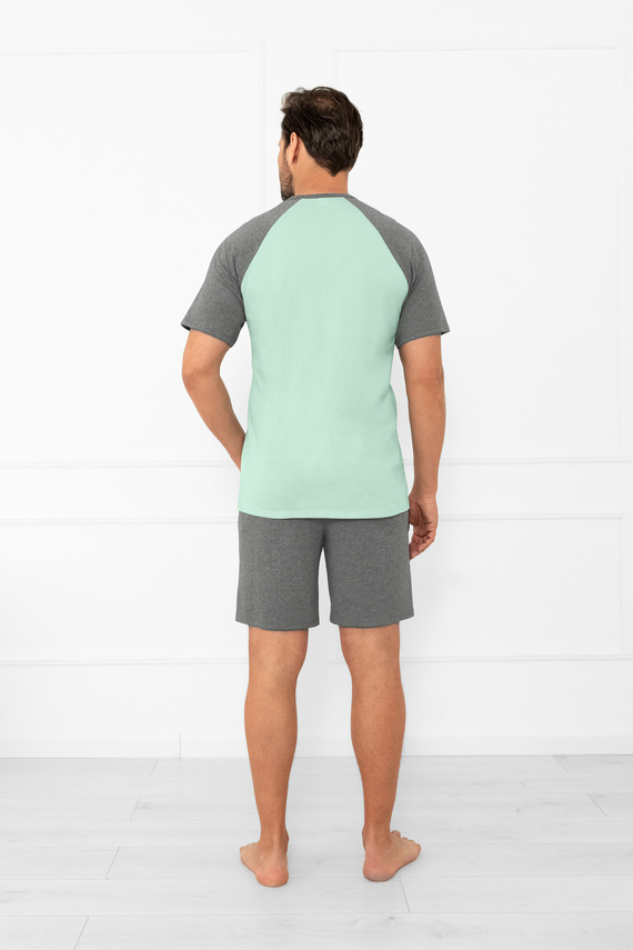 Férfi pizsama Aleksander Italian Fashion - rövid ujjú és rövidnadrág, 100% pamut - zsálya/melange