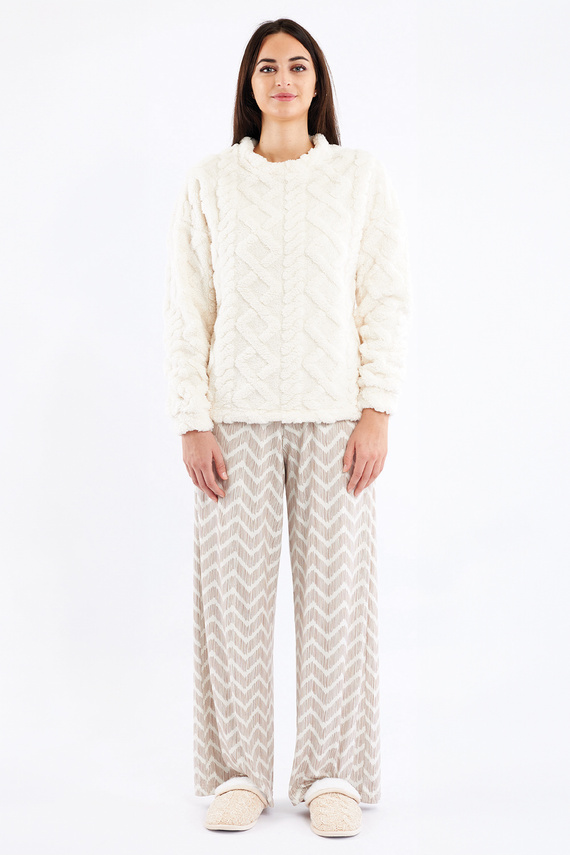 Sofie Női Sorbetto krémszínű pizsama - meleg sherpa, palazzo, elegáns és puha