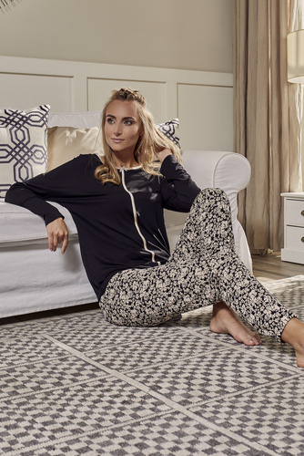Guyana női pizsama hosszú ujjú, hosszú nadrágos olasz divat - fekete/print