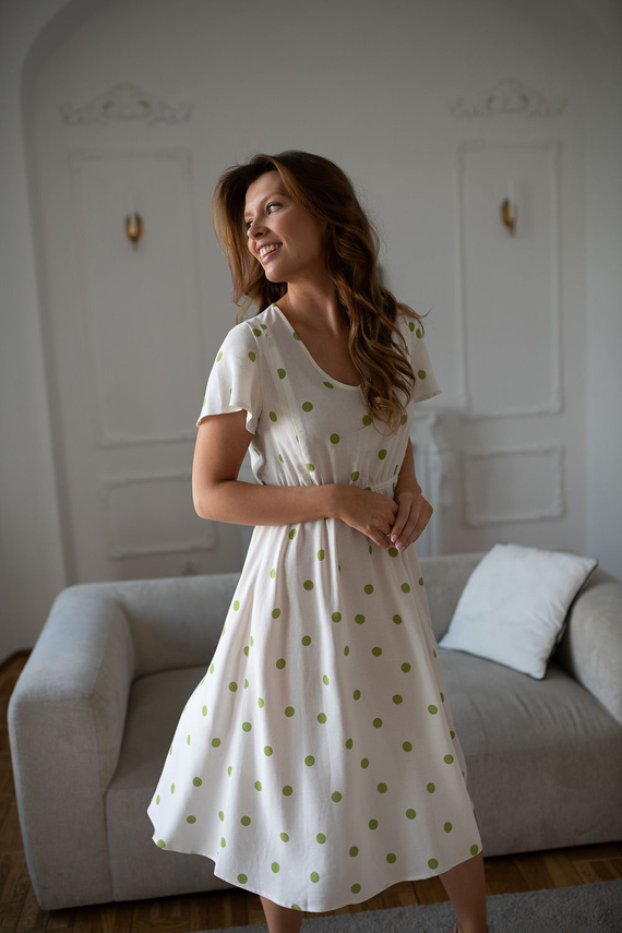 Lovely Dress Midi Milk&Love kismama és szoptatós ruha lenvászonból, pisztácia zöld pöttyös