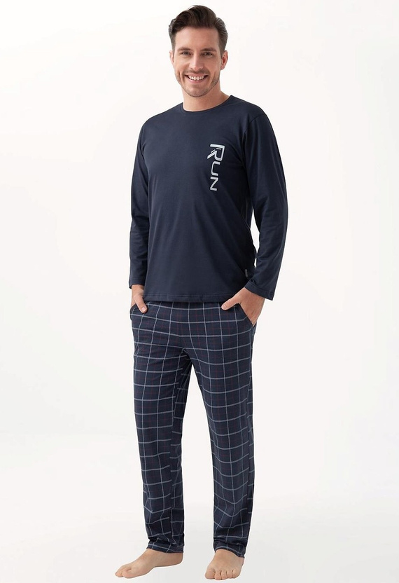 Férfi pizsama 810 Luna tengerészkék - pamut, hosszú ujjú, zsebes nadrág, zsebekkel