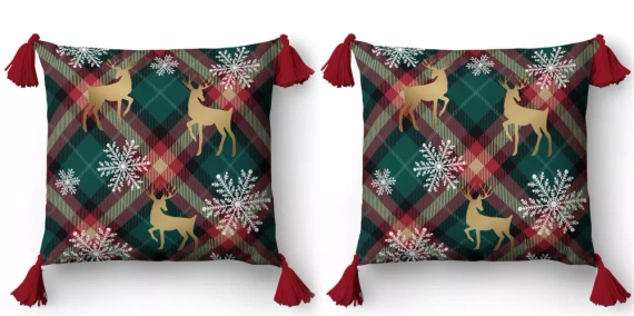 5381 Karácsonyi dekoratív párnahuzat karácsonyi dekoratív párnahuzat karácsonyi dekorációs rénszarvas és hópelyhek rácsos háttéren - cipzár