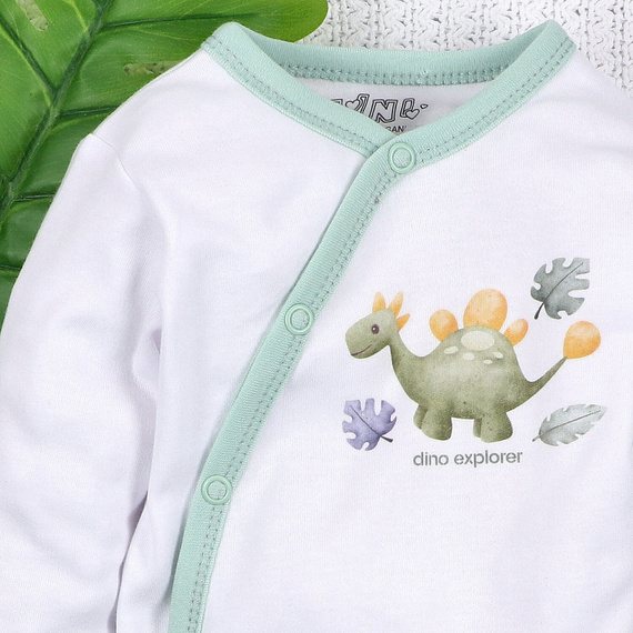 ABN-5562 Dino Explorer borítékos bodysuit Nini fehér | Organikus pamut újszülött babának
