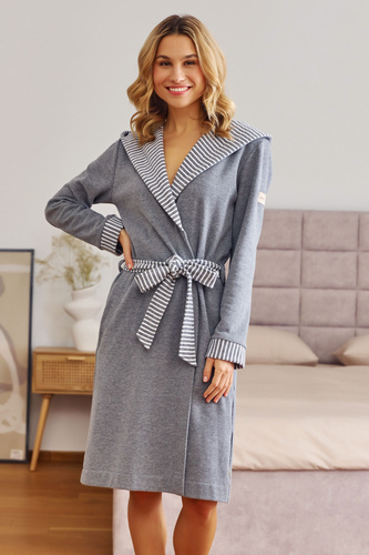 7229 Doctor Nap női köntös - pamut, kapucnival, elegáns szegély - sötétszürke
