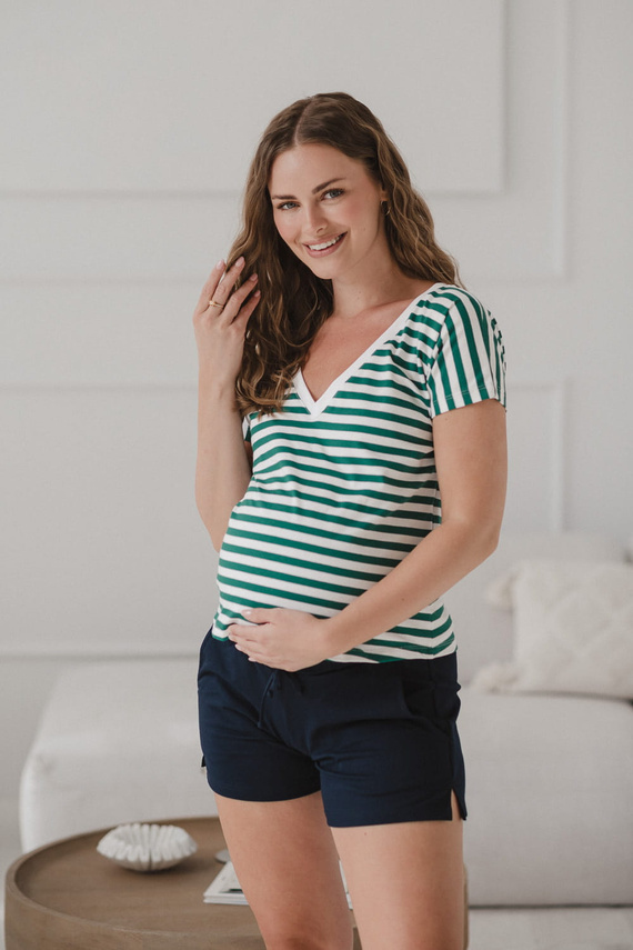 Two Ways Terhesség és szoptatás blúz | Rövid ujjú, kényelmes Milk&Love zöld és fehér csíkos, rövid ujjú