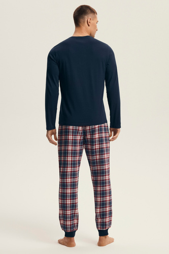 Henderson férfi pizsama 43457 Noir tengerészkék - pamut, flanel nadrággal