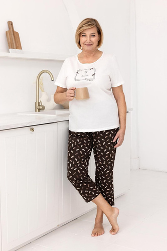 733 Regina ekrü-pamut pizsama, rövid ujjú, félköríves nyakkivágással, elöl nyomtatott mintával