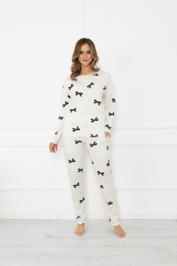 Női pizsama Figaro - ekrü, pamut, hosszú ujjú + hosszú nadrág Olasz divat