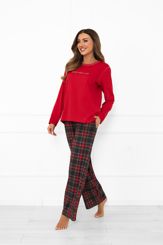 Italian Fashion női pizsama piros színben - pamut, hosszú ujjú és nadrág, kockás