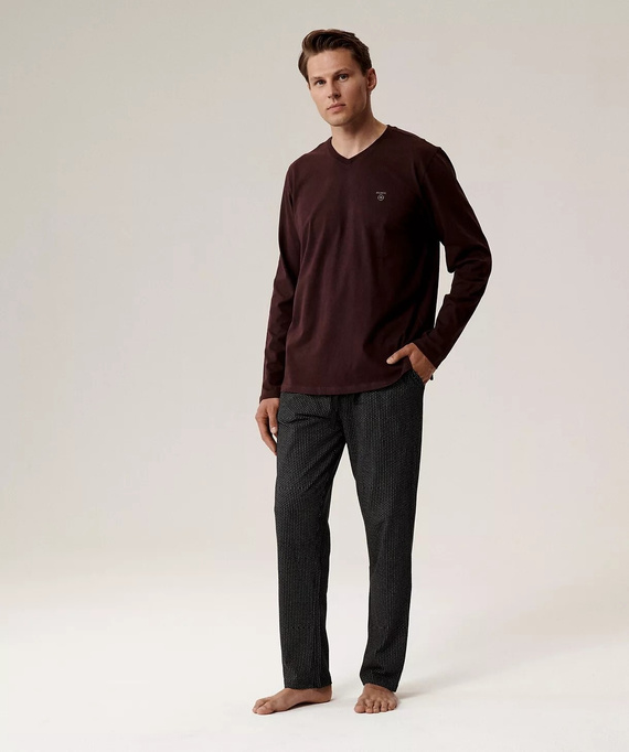 Férfi pizsama NMP-389 Atlantic -bor pamut, hosszú ujjú, stílusos szett a hűvös éjszakákhoz