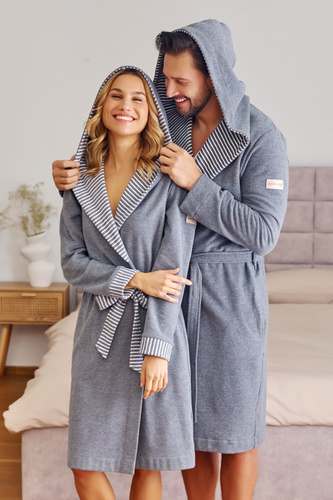 7229 Doctor Nap női köntös - pamut, kapucnival, elegáns szegély - sötétszürke