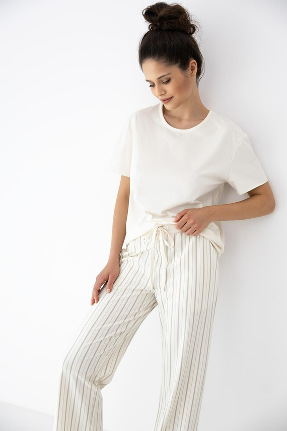 Soleil Sensis női pizsama ecru-bézs, pamut, rövid ujjú, hosszú nadrág