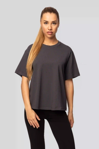 Női Urban pamut póló grafit színben - Rövid ujjú, klasszikus szabás, divatos hasítékkal | Kiváló minőségű anyag, elaszticitás