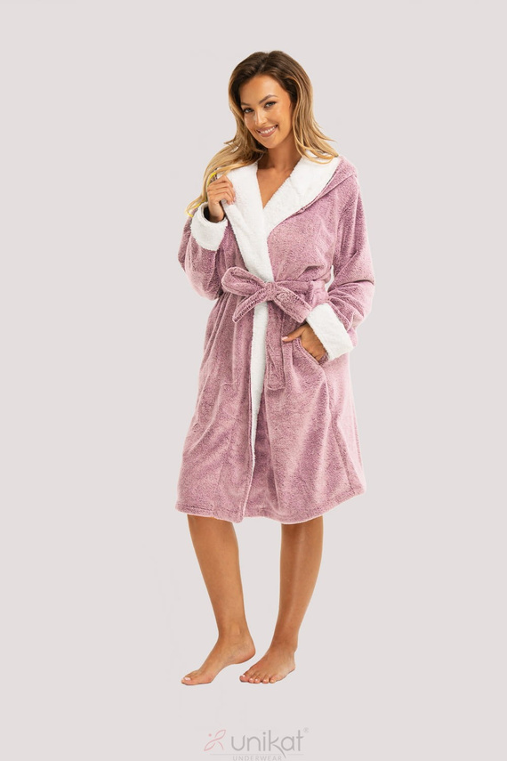Sharon női fürdőköpeny Unikat - rózsaszín, puha, kapucnival és övvel, puha és könnyed