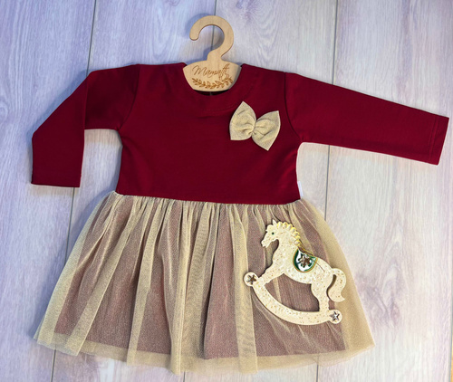 Boldog karácsonyt lányok ruhája SH04 Mamatti - bordó, hosszú ujjú, alul arany tüllal