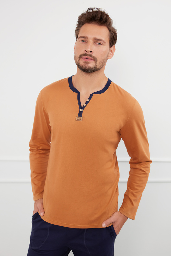 Julius Férfi hosszú ujjú pizsama, hosszú nadrág Olasz divat - konyak/zöld