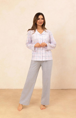 727 Női pizsama Regina szürke - 100% pamut, kockás, gombolható ing
