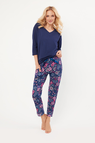 Folk Női pizsama 3/4 ujjú, 7/8 nadrág olasz divat - tengerészkék/print